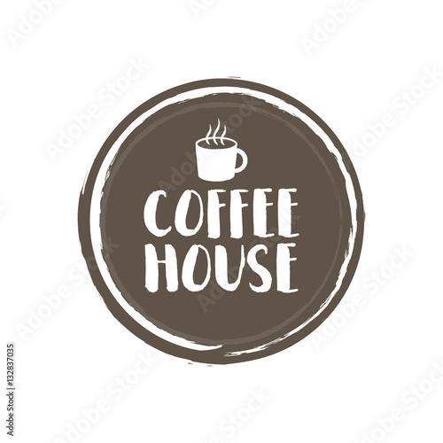 Coffe House Letters and Cup. Grunge circle background. Vector illustration