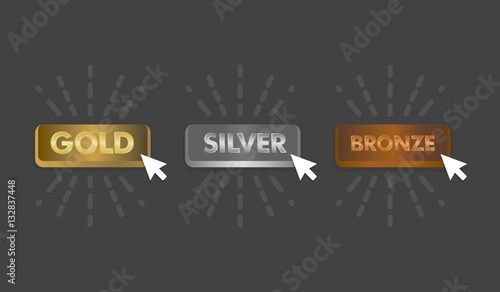 Gold Silver and Bronze buttons set with mouse click icon vector illustration