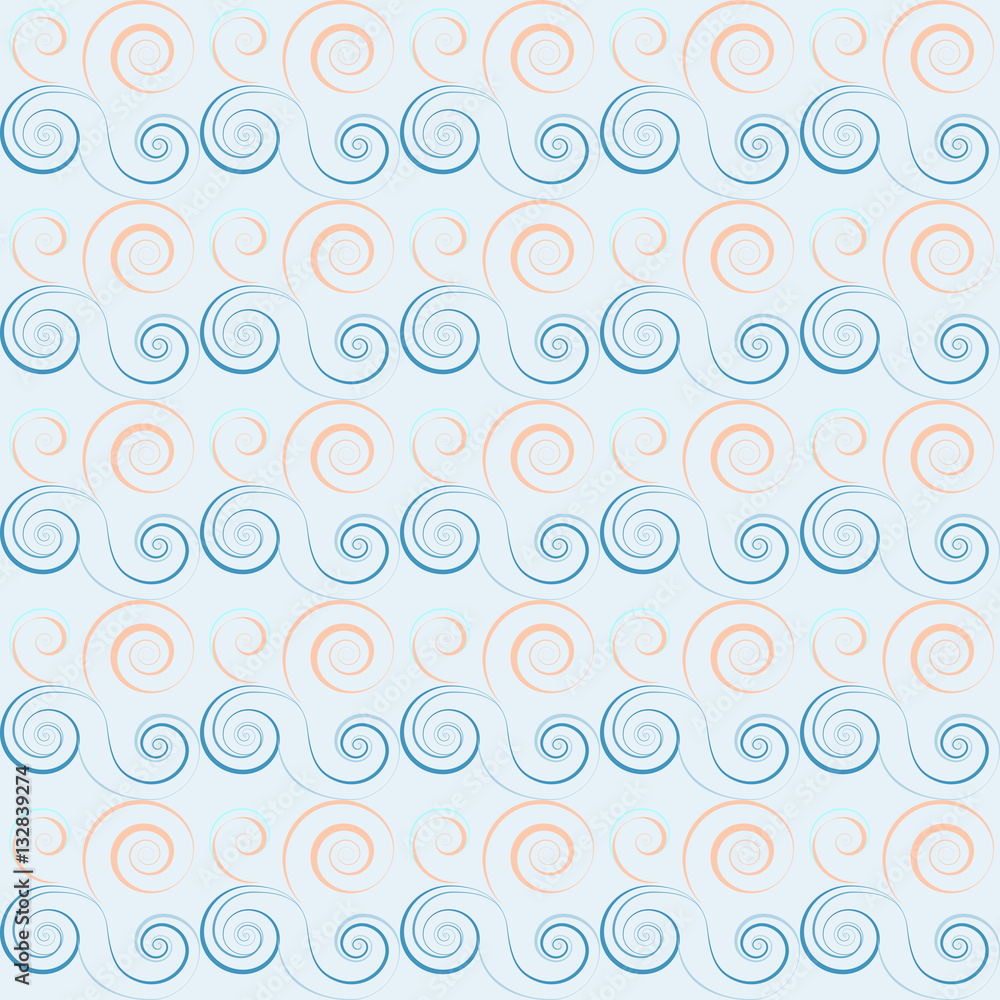 Seamless floral spiral pattern. Swirl, twirl lines. Twist, whirl, torsional ornament on light background. Blue, white soft colored. Vector