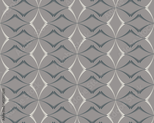 Seamless geometric abstract pattern. Diagonal rhomb shaped, braiding figure texture. Unusual rhombus bands, lines on gray background. Vector