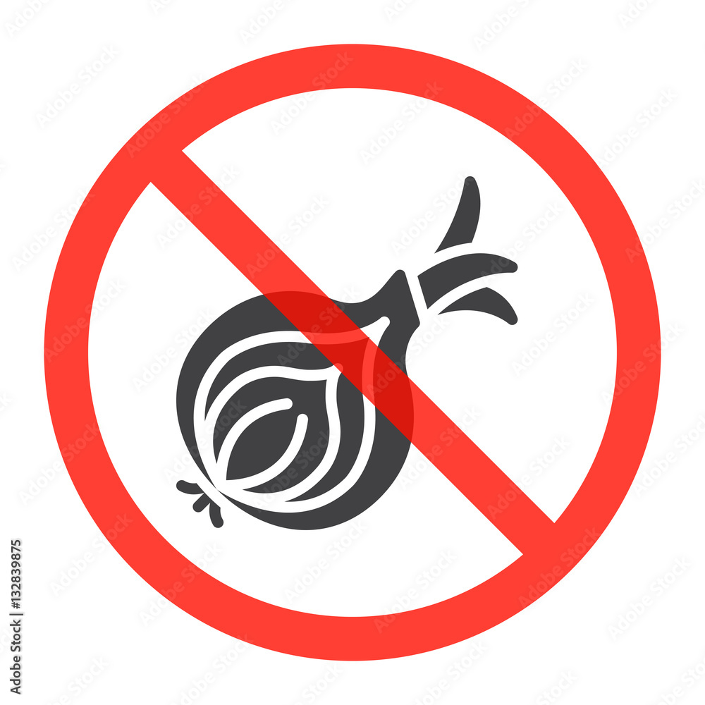 No onion ban sign, icon in prohibition red circle, forbidden symbol