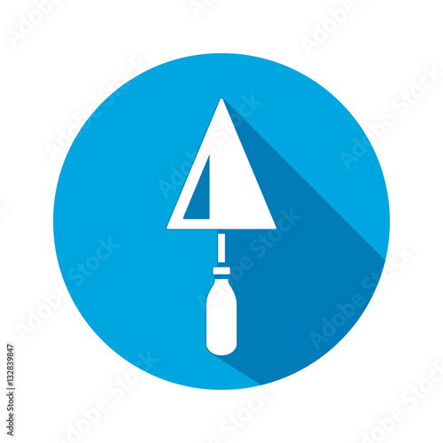 Tool icon. Spattle, surfacer, plastering instrument. Work, job, labour, toil, repair, building symbol. White sign on round blue button with long shadow. Vector isolated