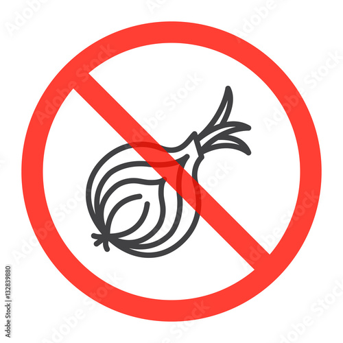 No onion ban sign, line icon in prohibition red circle, forbidden symbol. Vector illustration isolated on white