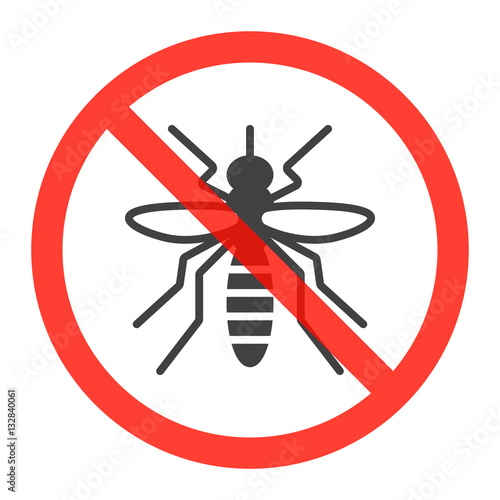 Mosquito icon in prohibition red circle, Stop zika virus ban sign, forbidden symbol. Vector illustration isolated on white