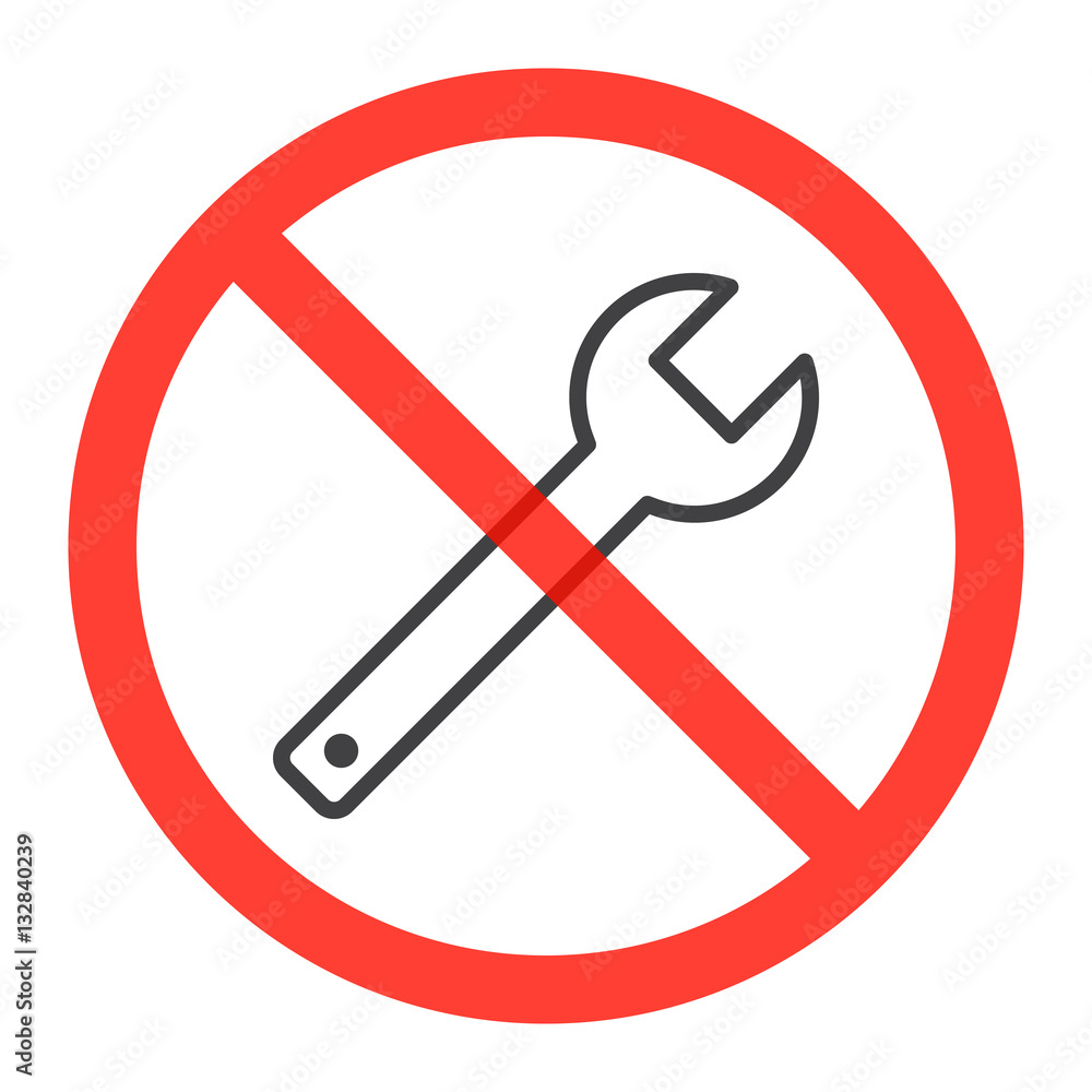 Wrench line icon in prohibition red circle, No repair, service ban sign, forbidden symbol. Vector illustration isolated on white Wrench line icon in prohibition red circle, No repair, service ban sign, forbidden symbol. Vector illustration isolated on white