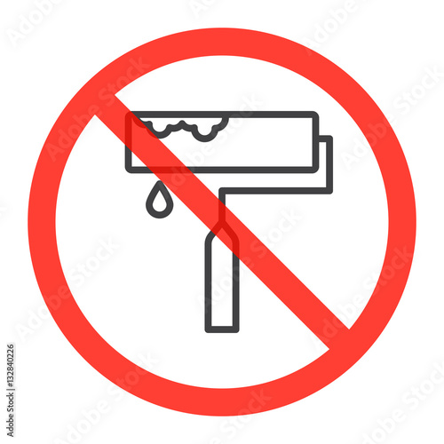 Roller brush line icon in prohibition red circle, No paint ban sign, forbidden symbol. Vector illustration isolated on white
