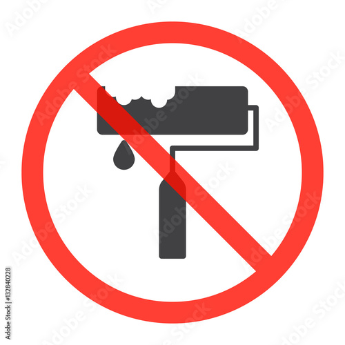 Roller brush icon in prohibition red circle, No paint ban sign, forbidden symbol. Vector illustration isolated on white