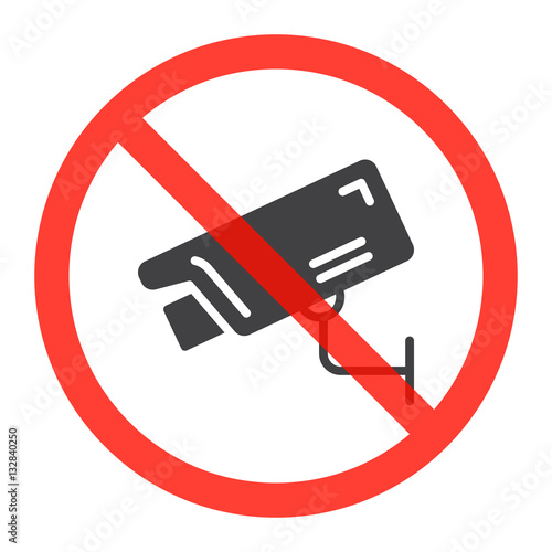 Security camera icon in prohibition red circle, No surveillance ban sign, forbidden symbol. Vector illustration isolated on white