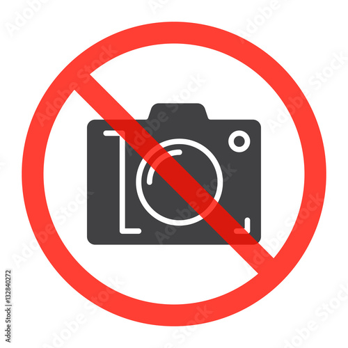 Camera icon in prohibiting red circle, No photos ban sign, Forbidden to take pictures symbol. Vector illustration