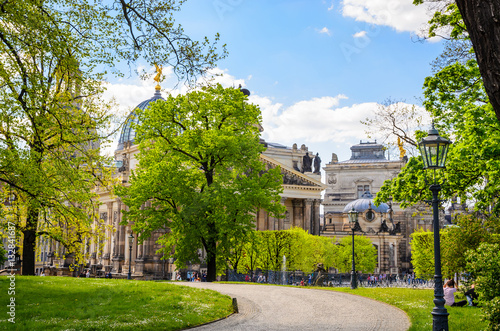 Green park and architecture of old Dresden, Saxony, Germany