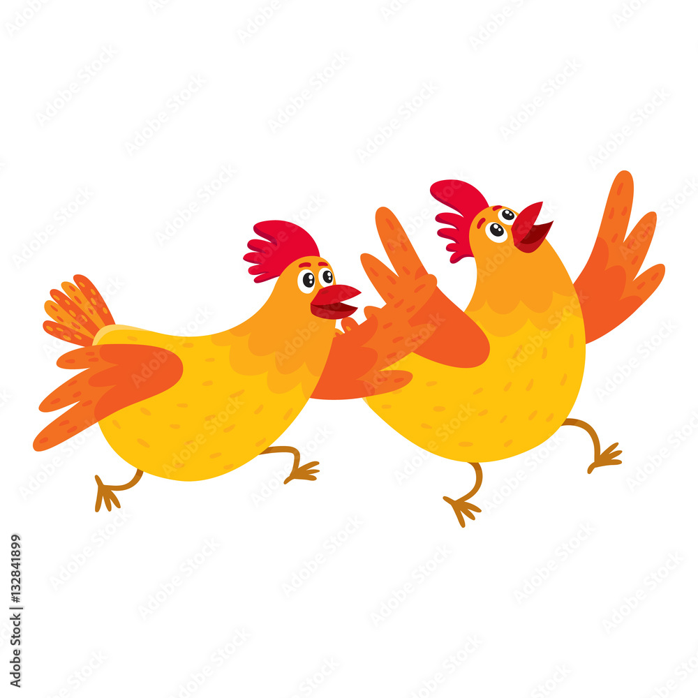 Two funny cartoon orange chickens, hens rushing, hurrying somewhere, jumping excitedly, vector illustration isolated on white background. Cute and funny chickens running somewhere enthusiastically Two funny cartoon orange chickens, hens rushing, hurrying somewhere, jumping excitedly, vector illustration isolated on white background. Cute and funny chickens running somewhere enthusiastically