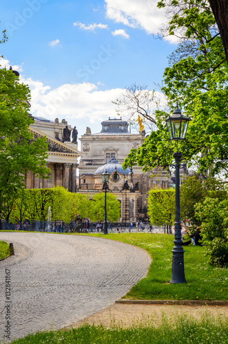 Green park and architecture of old Dresden, Saxony, Germany