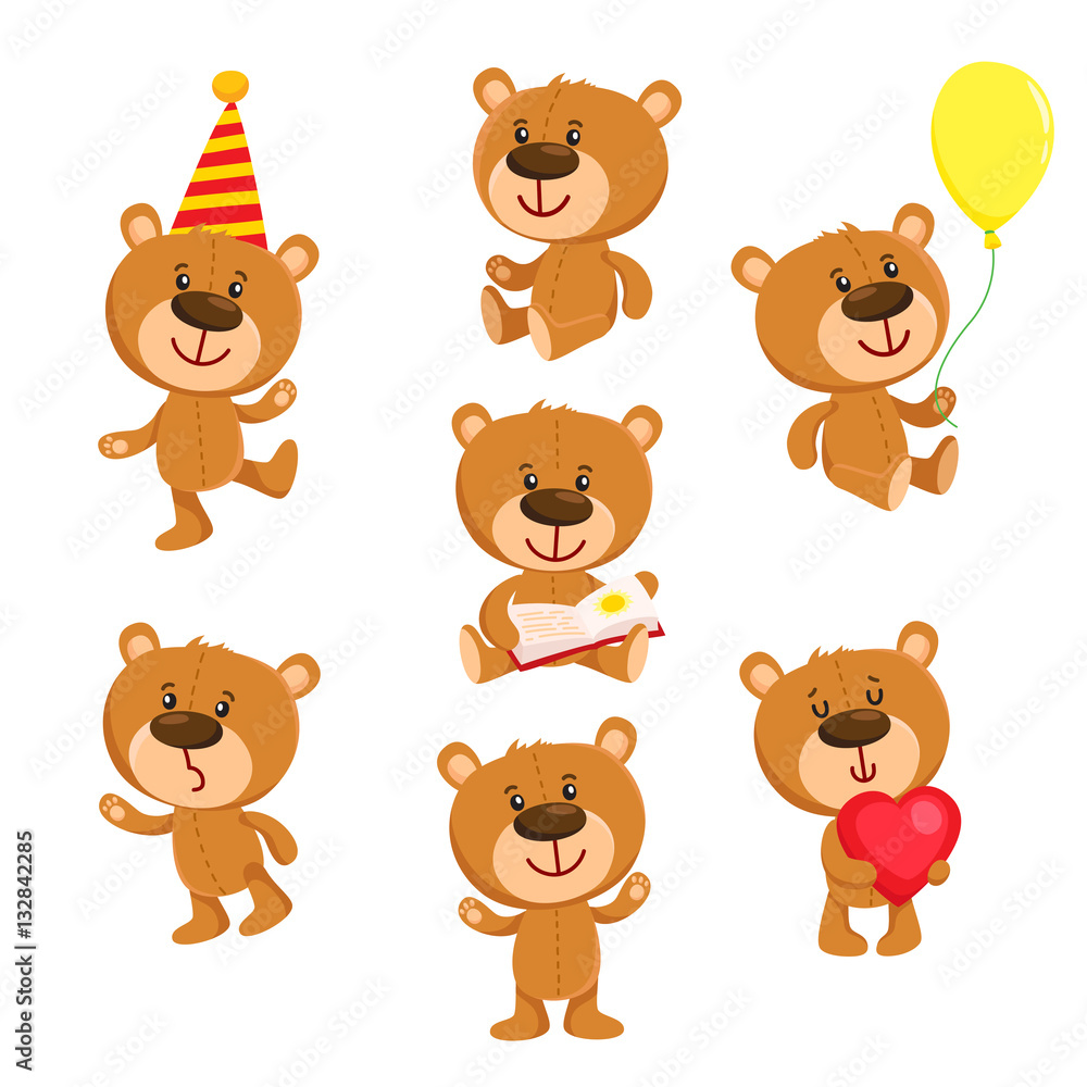 Set of cute teddy bear character standing, sitting, reading, cartoon vector illustration isolated on white background. Teddy bear character with balloon, red heart, book, standing, sitting, reading