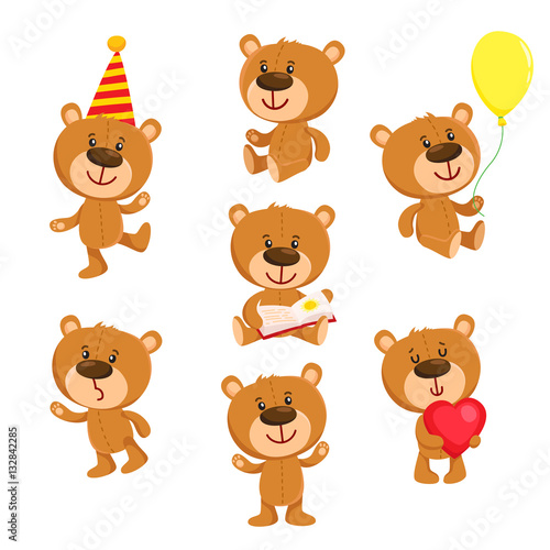 Set of cute teddy bear character standing, sitting, reading, cartoon vector illustration isolated on white background. Teddy bear character with balloon, red heart, book, standing, sitting, reading