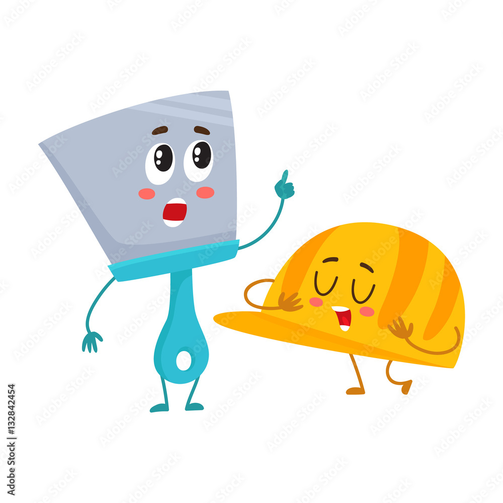 Funny hand trowel pointing up and helmet, hard hat, building, repair