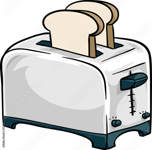 Two pieces of cartoon toast popping out of a retro chrome toaster.