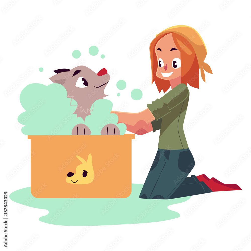 Red haired teenage girl washing, bathing her dog, puppy, cartoon vector illustration on white background. Full length portrait of girl sitting on the floor and washing her puppy in foam bath Red haired teenage girl washing, bathing her dog, puppy, cartoon vector illustration on white background. Full length portrait of girl sitting on the floor and washing her puppy in foam bath