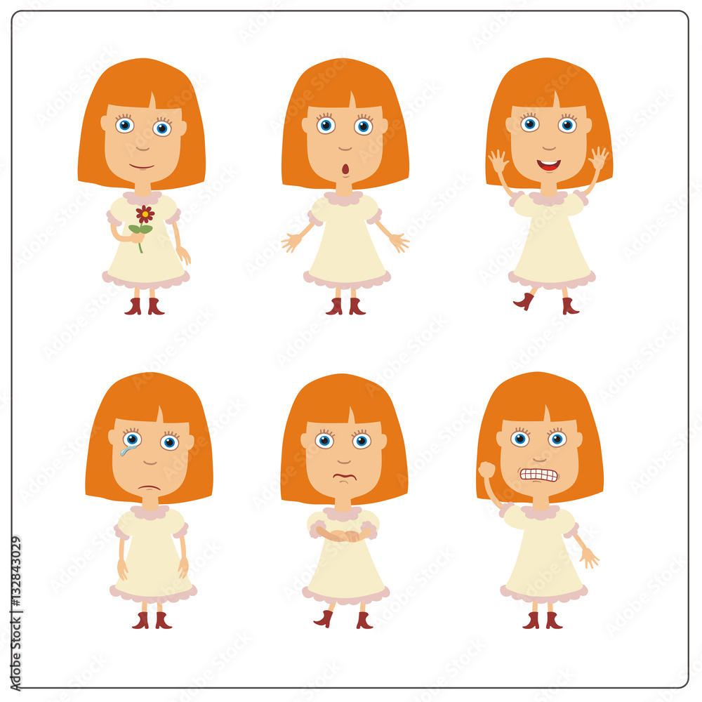 Vector set isolated funny girl. Collection cute girl in cartoon style. Vector set isolated funny girl. Collection cute girl in cartoon style.