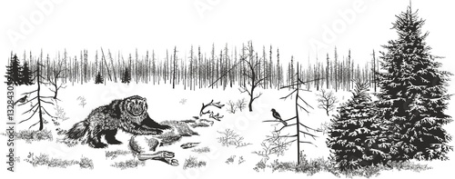 Glutton in northern wood./Picture representing northern wood and a glutton at the fallen deer.