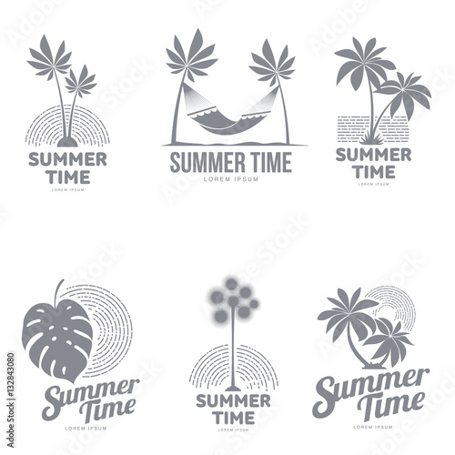 Set of black and white, silhouette logo templates with palm tree, hammock, monstera leaf, vector illustration isolated on white background. Graphic logotypes, logo templates with tropic palms