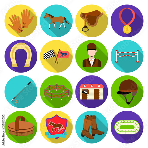 Hippodrome and horse set icons in flat style. Big collection of hippodrome and horse vector symbol stock illustration
