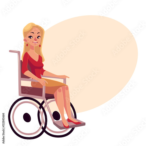 Young beautiful blond woman sitting in wheelchair, cartoon vector illustration on background with place for text. Happy woman sitting in wheelchair, living with disability, equal opportunities concept