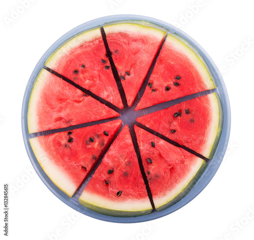 Watermelon sliced, on a blue plate, isolated on white