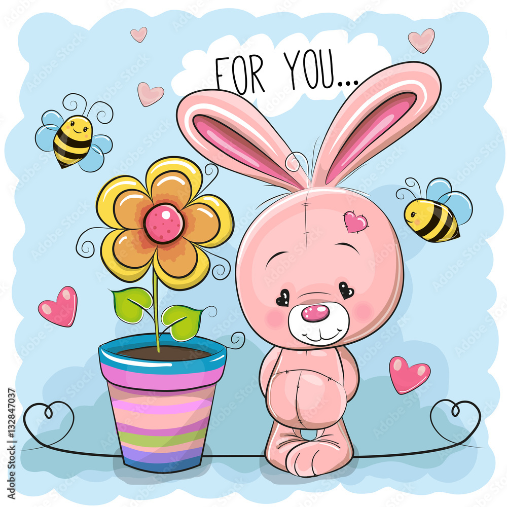 Obraz premium Greeting card cute cartoon Rabbit with flower