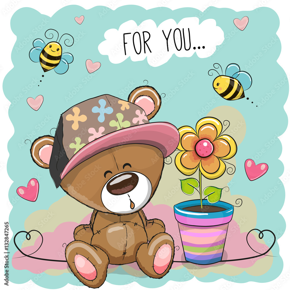 Obraz premium Greeting card Bear with flower