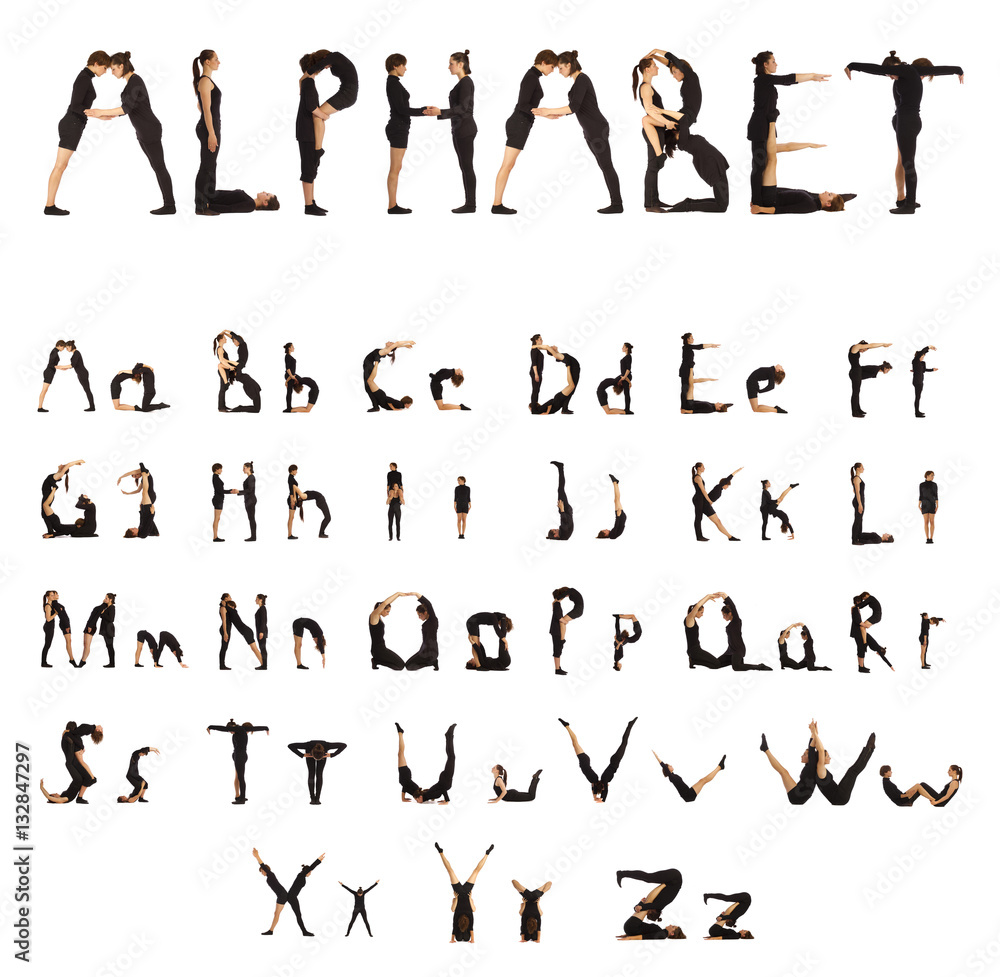 Collage alphabet people on white background