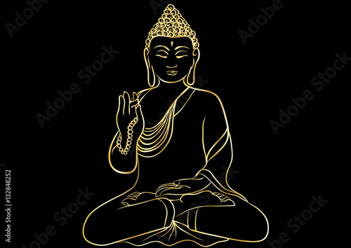 Drawing of a Buddha statue. Art vector illustration of Gautama - gold line art on a black background. Buddhism Religion