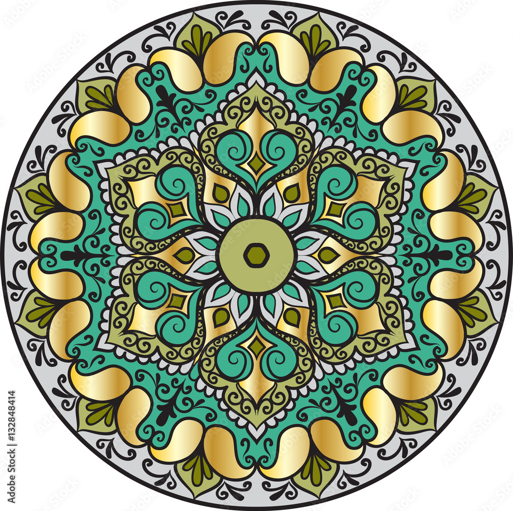 Drawing of a floral mandala in gold, green and turquoise colors on a white background. Hand drawn tribal  vector stock illustration
