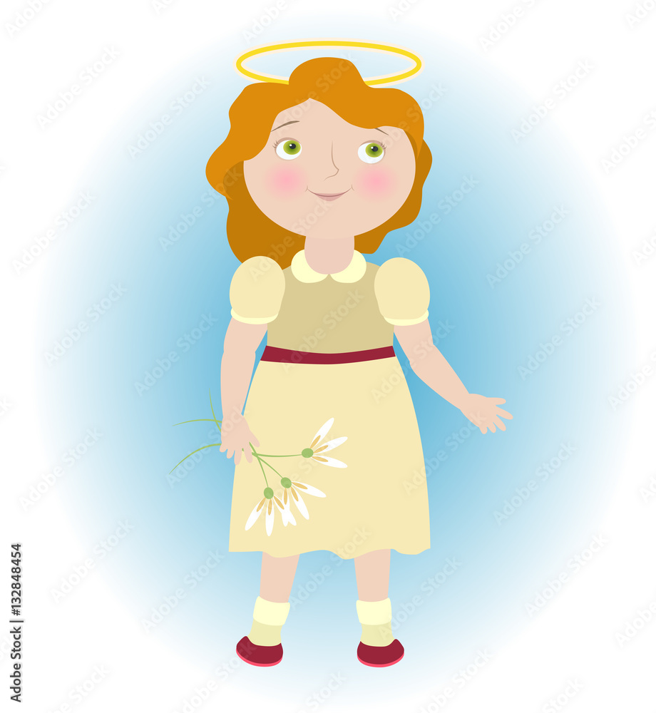 Illustration of angel girl with white flower bouquet. Illustration of angel girl with white flower bouquet.