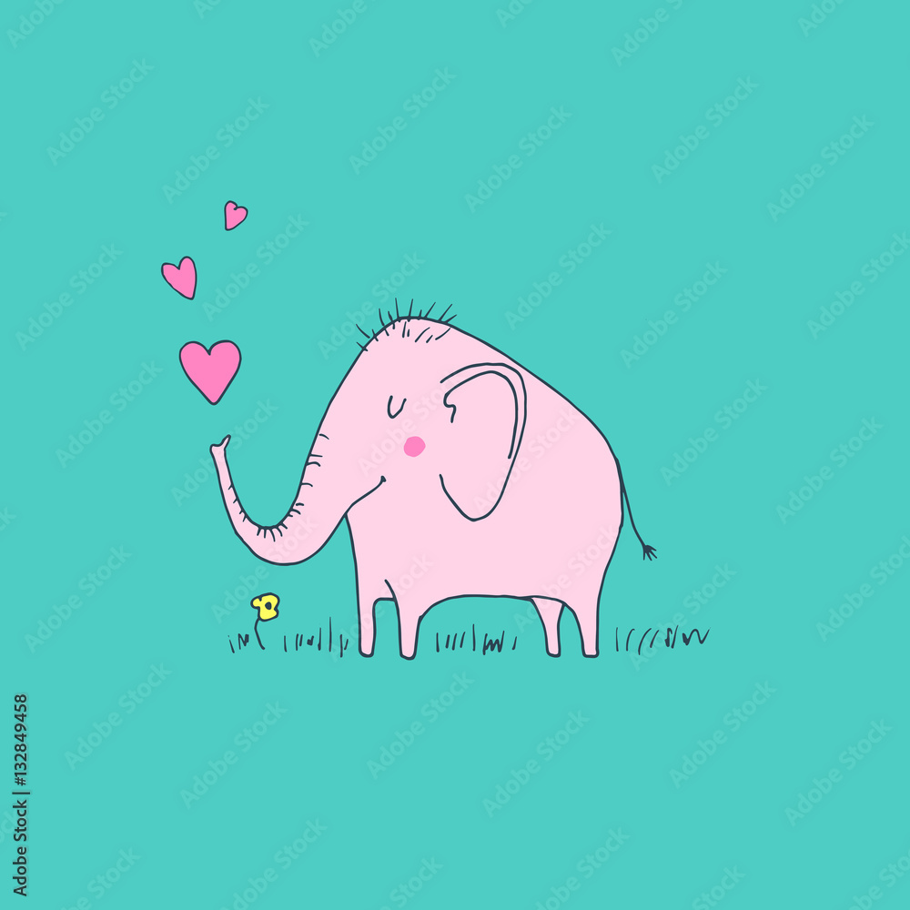 Cute baby elephant in love with hearts - vector hand drawn illustration.  Childish kawaii style sketch with small animal. Valentines day romantic  greeting card Stock Vector | Adobe Stock
