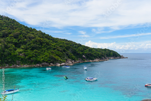 Hight view on tropical turquoise lagoon with sandy beach and tro