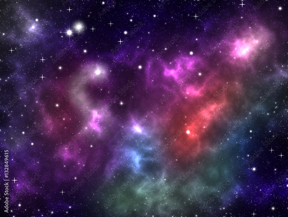 Colorful outer space galaxy nebula gas clouds bright shining stars purple pink aqua blue