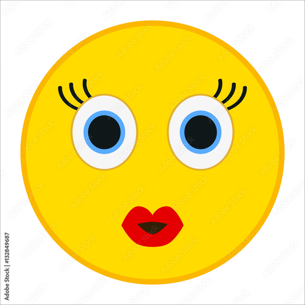 Kiss emoticon with happy eyes in trendy flat style. Red lips emoji vector illustration.
