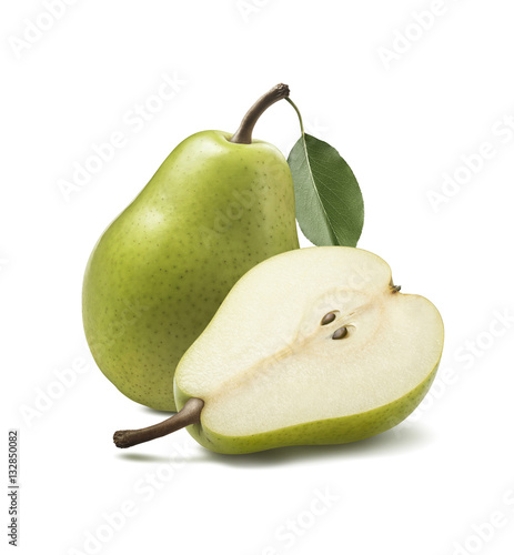 Green anjou pear whole half isolated on white background