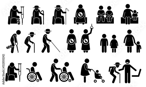 Priority seats for old man, senior citizen, blind man, pregnant woman, children, mother with kid or baby, adult with toddler, handicap, disabled and injured people. Privilege chair for people in need.
