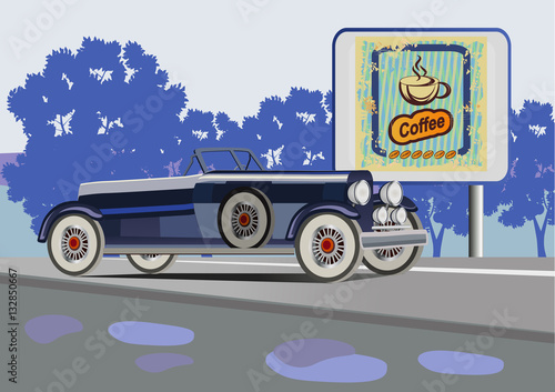 Coffee.Retro banner with a cup of coffee and car