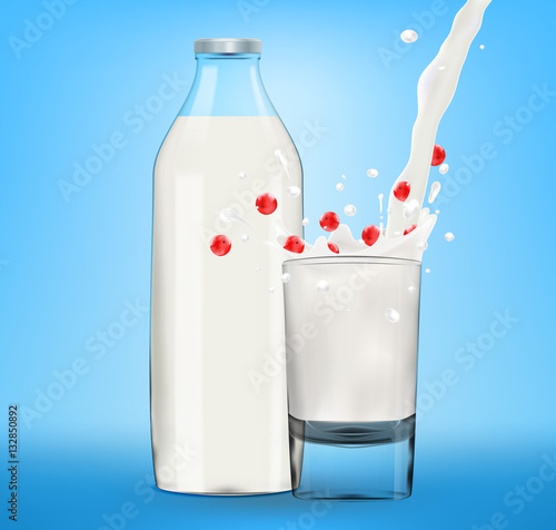Vector milk splash in glass with red currant