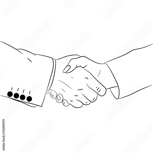 Business handshake. Сontour image of the hands of man and woman on white background of vector illustrations.