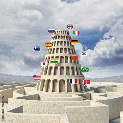 Billede på lærred 3d image of a tower with several flags of various languages