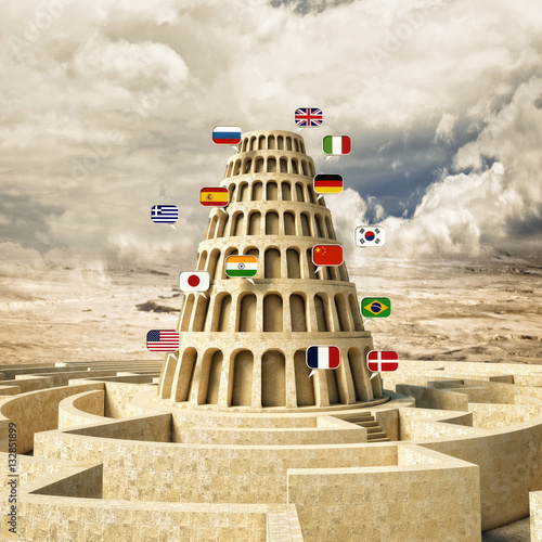 Fotografiet 3d image of a tower with several flags of various languages