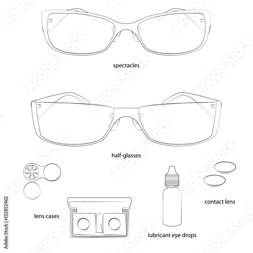 Set of glasses and lens illustrations. White background, white objects, black outline, names. Isolated images for your design. Vector.