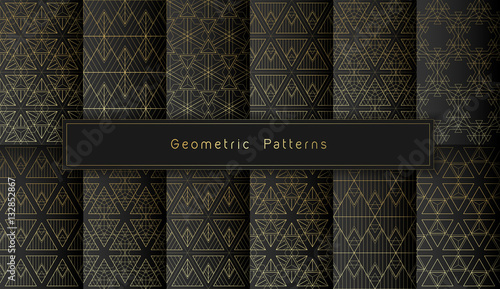 vector set of twelve golden polygonal geometric seamless patterns on black background. minimalistic style. Part two © Natalia Sedyakina