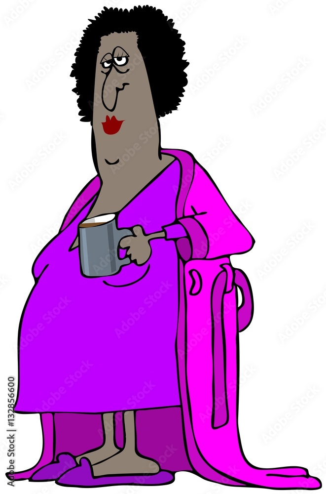 Illustration of a black woman wearing a nightgown and a long robe while holding a cup of coffee. Illustration of a black woman wearing a nightgown and a long robe while holding a cup of coffee.
