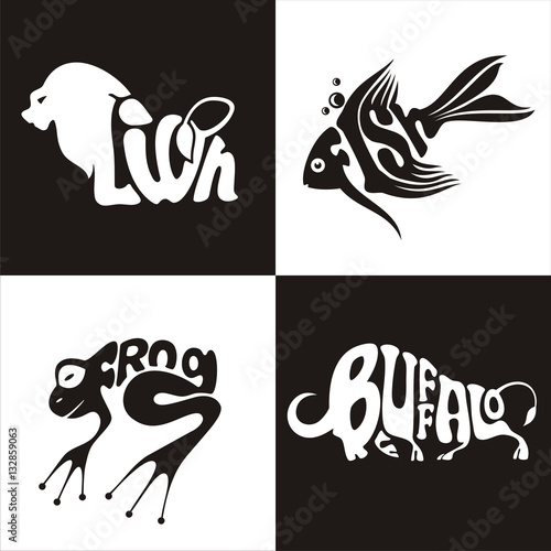 animals logo buffalo, lion, frog, fish