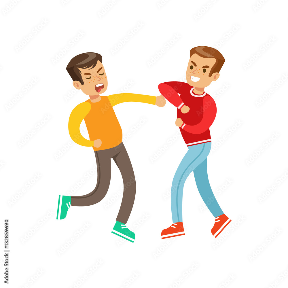 Two Equally Strong Boys Fist Fight Positions, Aggressive Bully In Long Sleeve Red Top Fighting Another Kid Who Is Weaker But Is Fighting Back