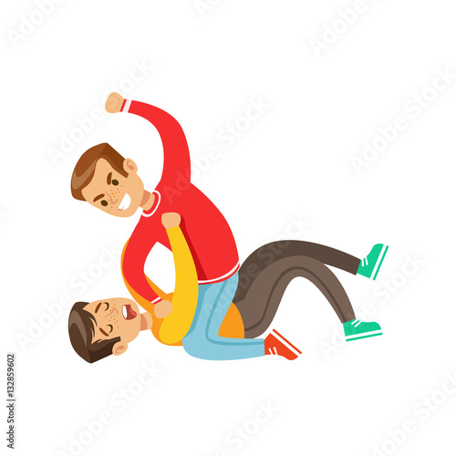 Two Boys Fist Fight Positions, Aggressive Bully In Long Sleeve Red Top Fighting Another Kid Laying On The Floor